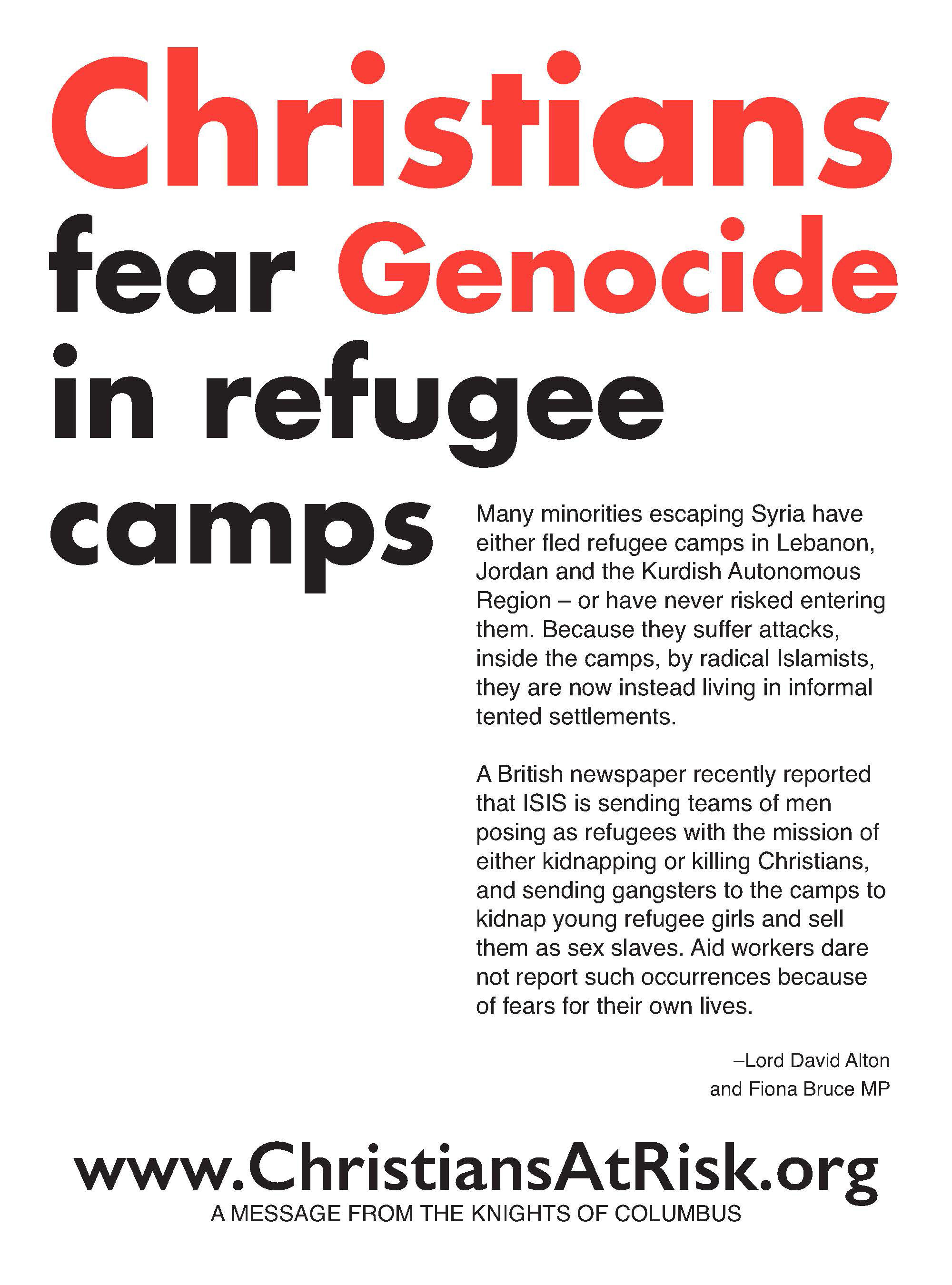 K of C Ad Highlights Christian Fear of Genocide in Refugee Camps