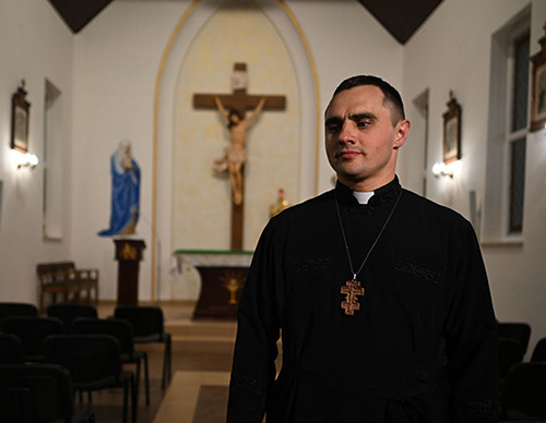 Father Bohomaz is pictured during the Ukraine State Convention in Bryukhovychi, Ukraine, in May 2023. (Photo by Andrey Gorb)