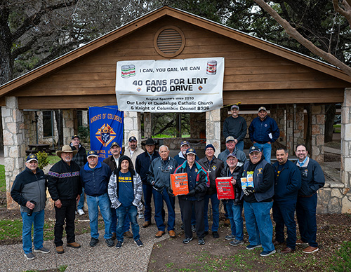 Members of Our Lady of Guadalupe Council 8306 in Helotes, Texas, kick off their 14th annual 40 Cans for Lent food drive with a special collection outside Our Lady of Guadalupe Church on Feb. 17.