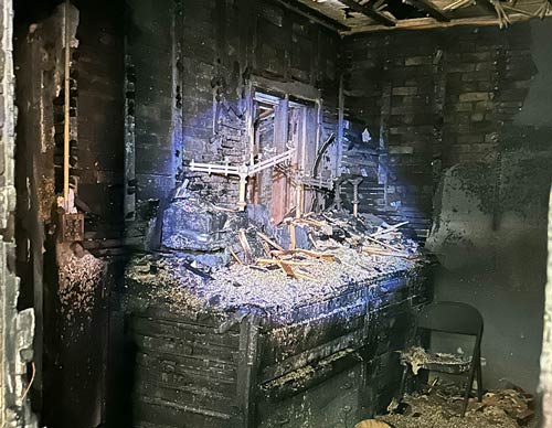 The sacristy of St. Edward Church in Elmdale, Minn., is pictured the morning after being set on fire July 18, 2023. The church’s sanctuary also was damaged. (OSV News photo/Dianne Towalski, The Central Minnesota Catholic)